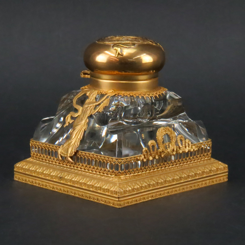 19th Century French Empire Ormolu Bronze And Possibly Baccarat Crystal Inkwell.