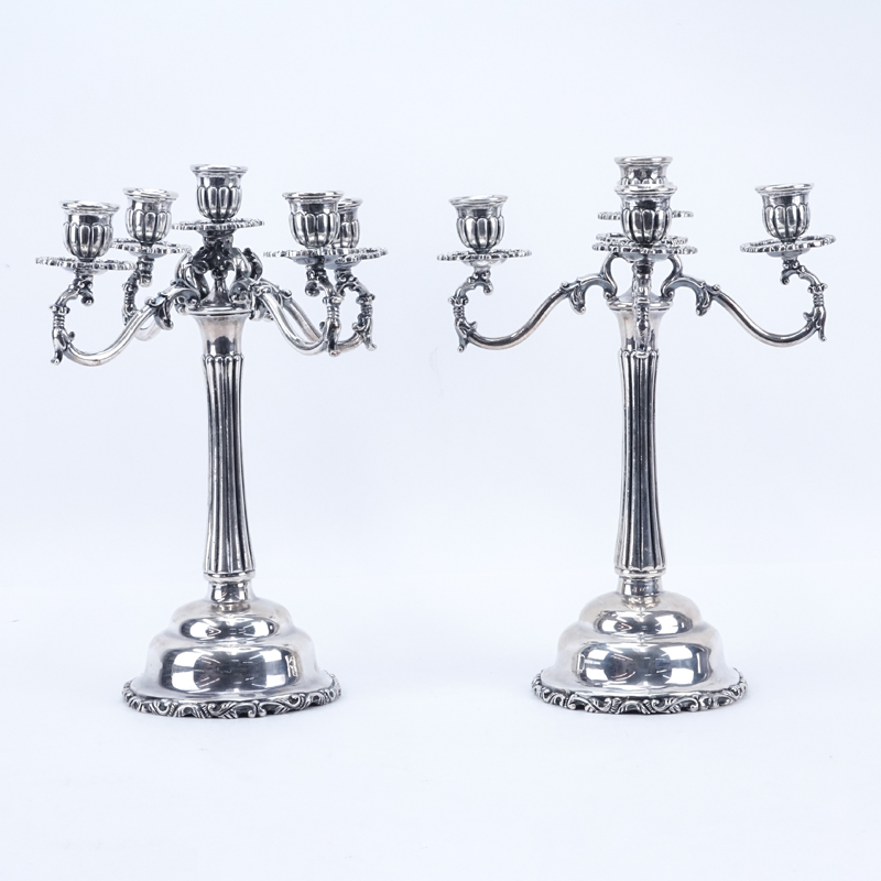 Pair Vintage Mexican Sterling Silver Five (5) Light Candelabra.