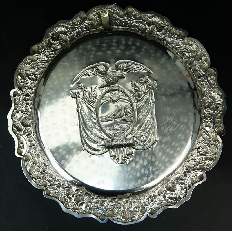 Vintage Silver Ecuador Coat of Arms Repousse Tray.