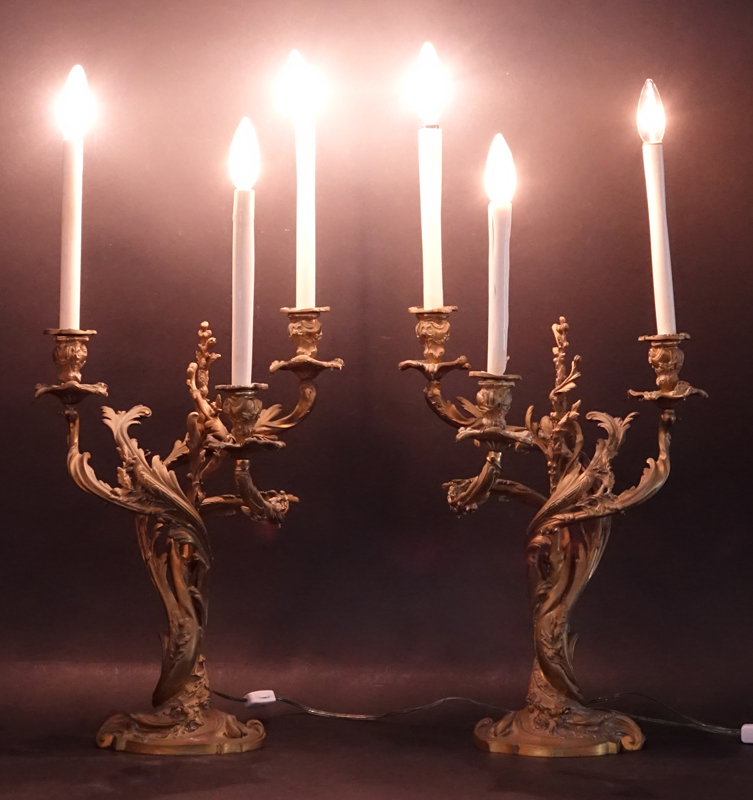 Pair of Georges Van de Voorde, Dutch (1878-1970) Antique Gilt Bronze Three-Arm Candelabras Lamps. 