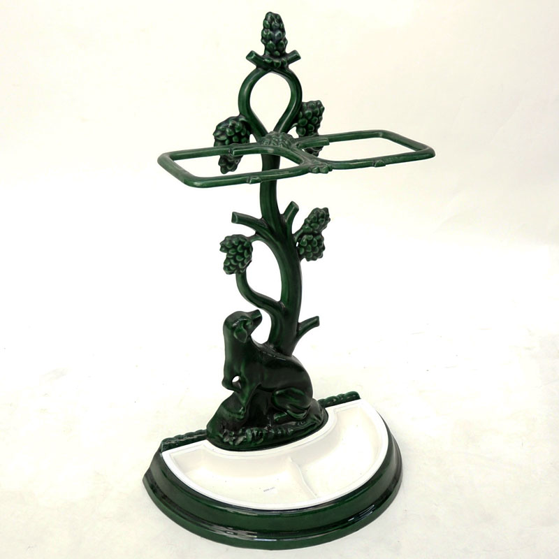 Antique Enameled Iron and Porcelain Umbrella/Cane Stand. Dog and tree motif.