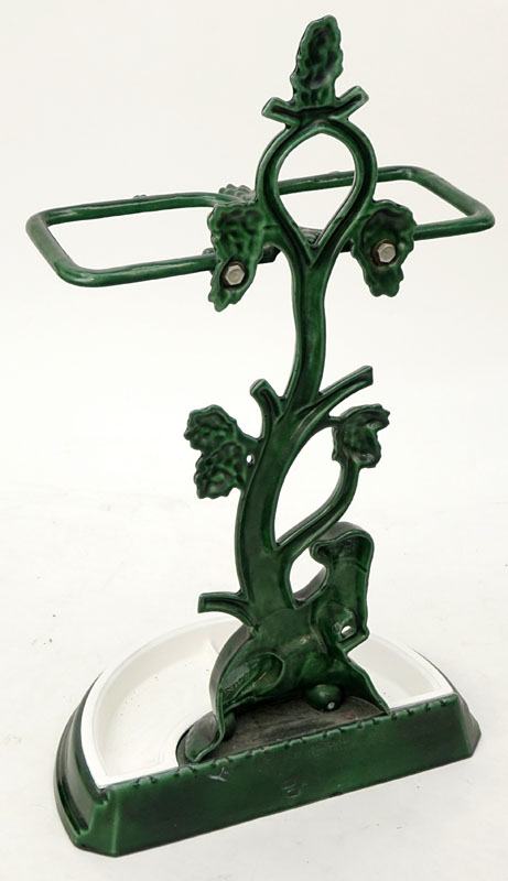 Antique Enameled Iron and Porcelain Umbrella/Cane Stand. Dog and tree motif.