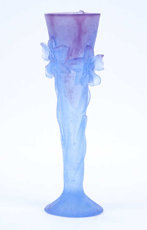 Daum Pate De Verre Vase. Iris motif in blue and purple.