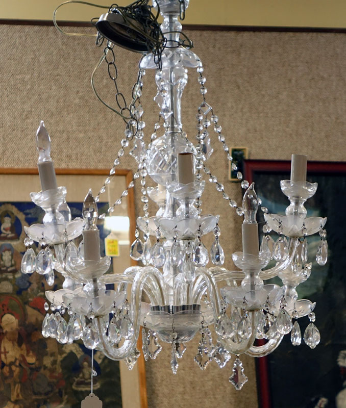 Mid Century Maria Theresa Style 8 Light Cut Crystal Chandelier with Hanging Prism.