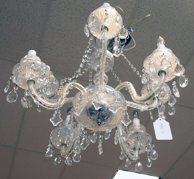 Mid Century Maria Theresa Style 8 Light Cut Crystal Chandelier with Hanging Prism.