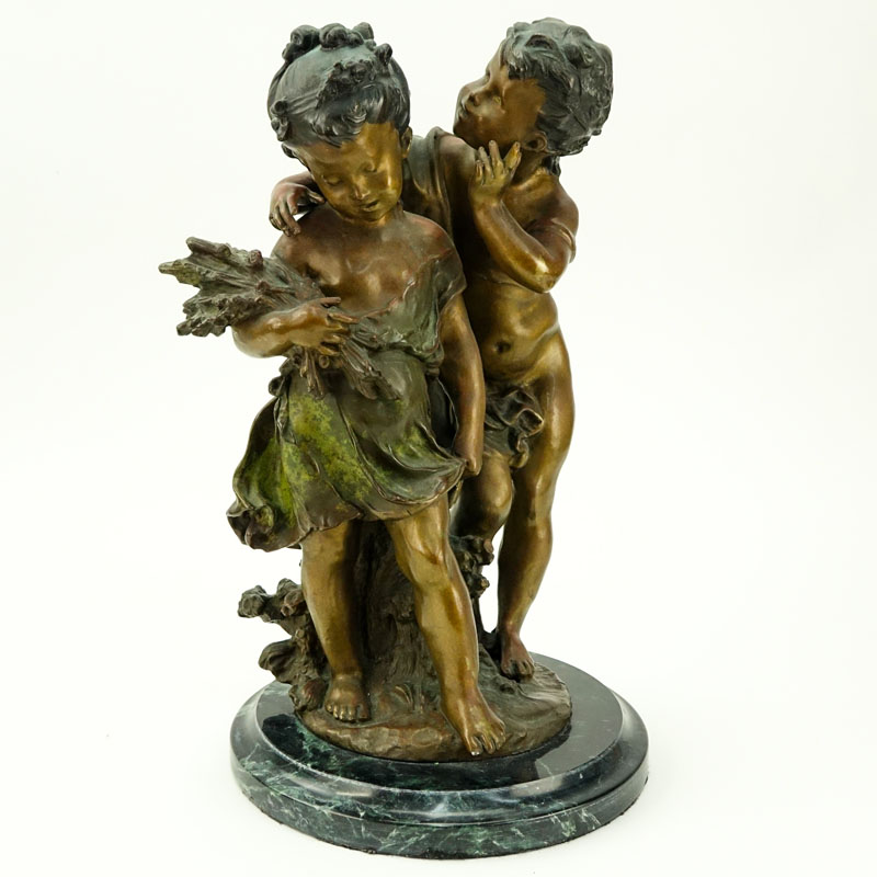 After: August Moreau, French (1834-1917) "A Confidence" Patinated Bronze Sculpture on Green Marble Base. 