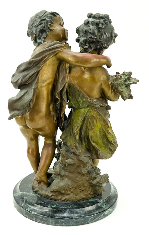 After: August Moreau, French (1834-1917) "A Confidence" Patinated Bronze Sculpture on Green Marble Base. 