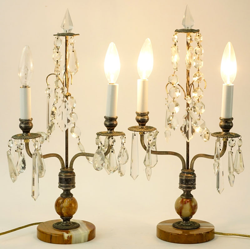 Pair of Art Deco Onyx and French Metal Candelabra Lamps with Hanging Prism.