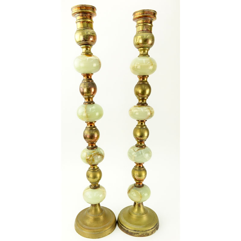 Pair of Tall Mid Century Brass and Onyx Candlesticks.