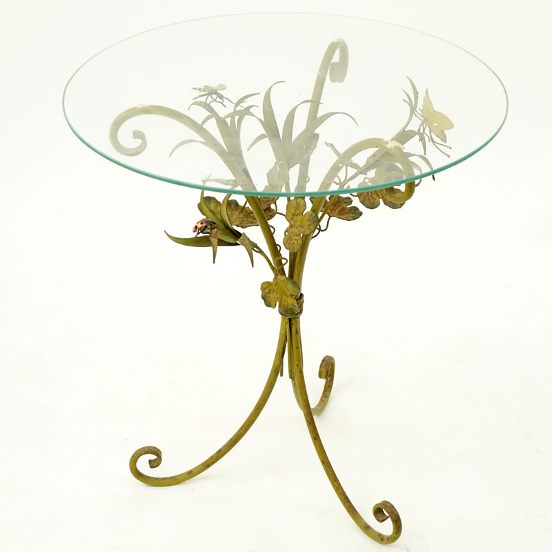 Mid-Century Italian Tole Occasional Table With Leaves and Insects.