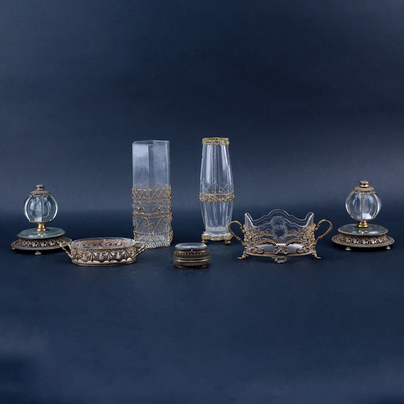 Grouping of Seven (7) Antique Brass Mounted Glassware.