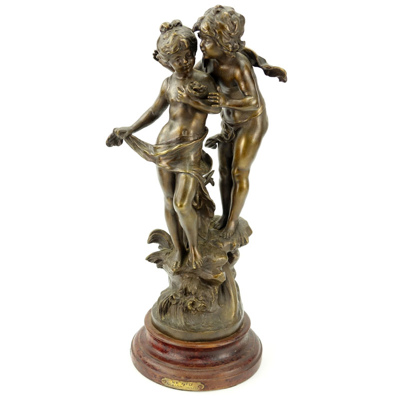 After: August Moreau, French (1834-1917) "Le Nid" White Metal Sculpture on Wooden Base.