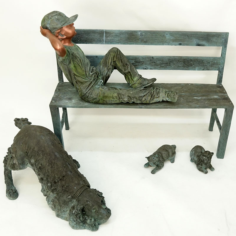 Life-Size Modern Bronze Sculpture "Boy On Bench With Cats and Dog".