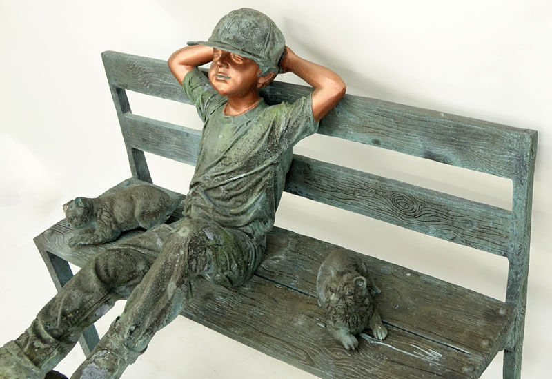 Life-Size Modern Bronze Sculpture "Boy On Bench With Cats and Dog".