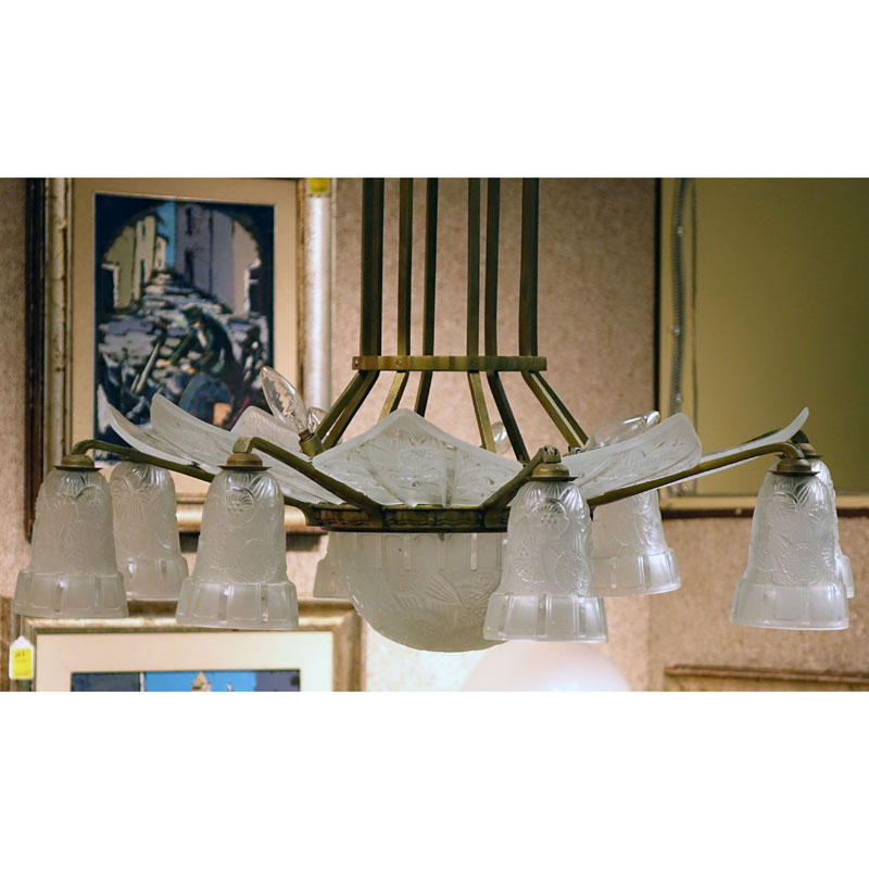 Early to Mid 20th C. Hettier and Vincent French Art Deco Bronze and Molded Glass 8 Light Chandelier.