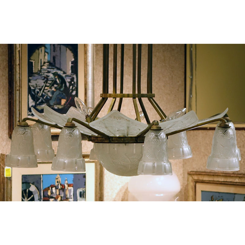 Early to Mid 20th C. Hettier and Vincent French Art Deco Bronze and Molded Glass 8 Light Chandelier.