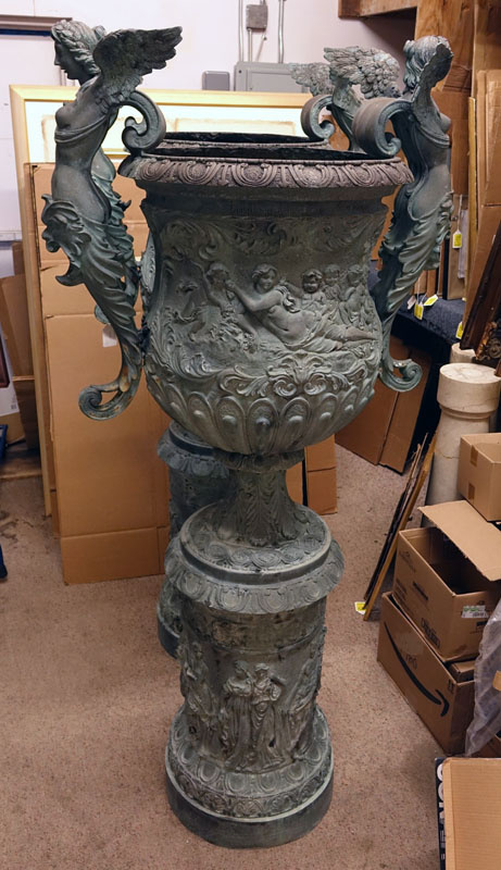 Pair of Monumental-Size  Neoclassical Style Bronze Urns.