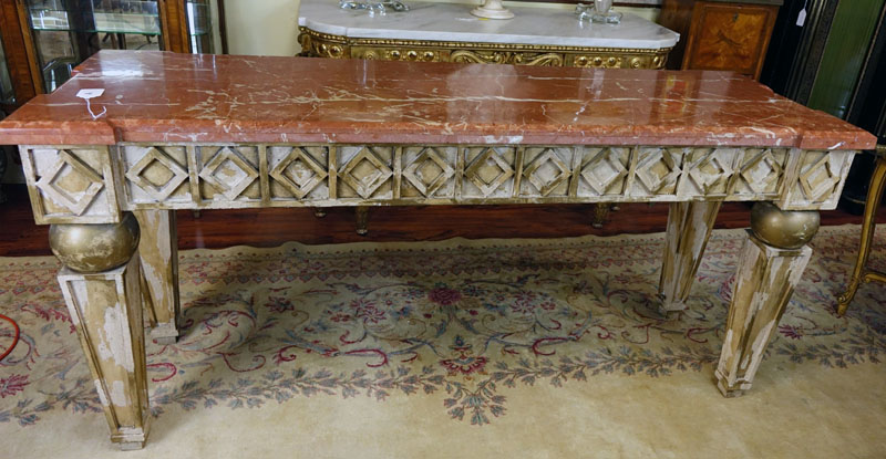 Mid Century Neoclassical Style Marble Top Console Table.