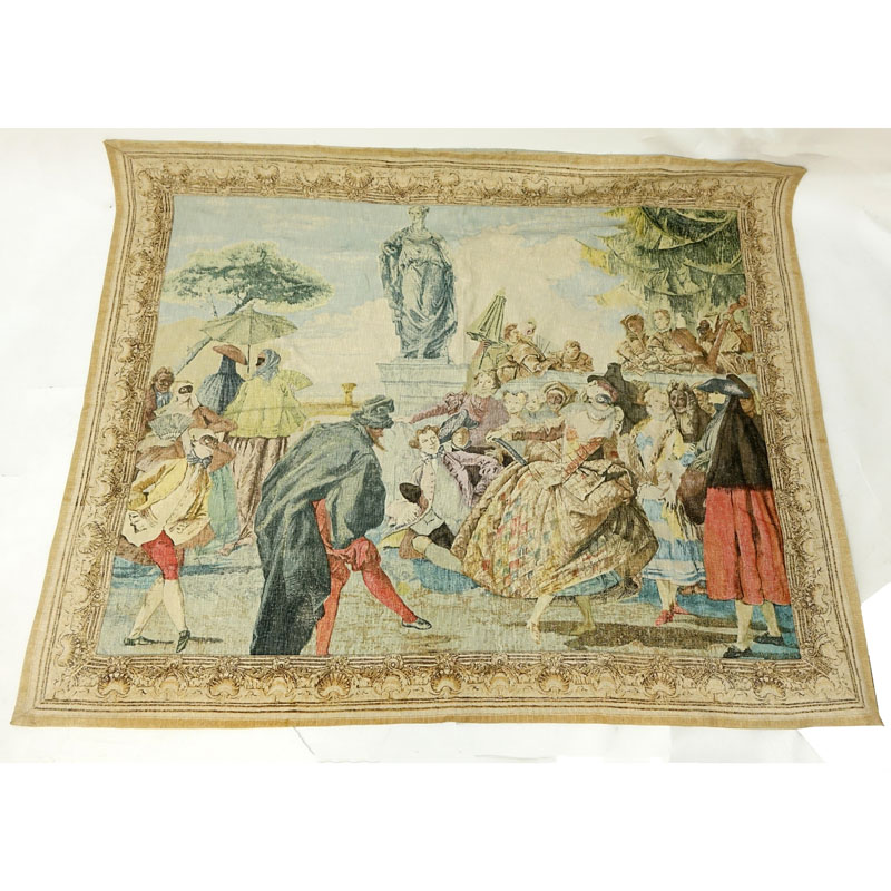 Large French "Tiepolo Masquerade" Wall Hanging Tapestry by D'art de Rambouillet. Label affixed en verso. 