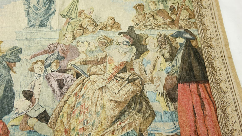 Large French "Tiepolo Masquerade" Wall Hanging Tapestry by D'art de Rambouillet. Label affixed en verso. 