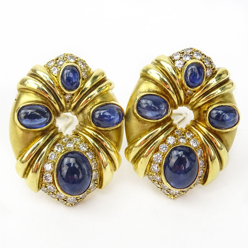 Vintage Approx. 9.0 Carat Cabochon Sapphire, 1.50 Carat Pave Set Diamond and 18 Karat Yellow Gold Earrings. 
