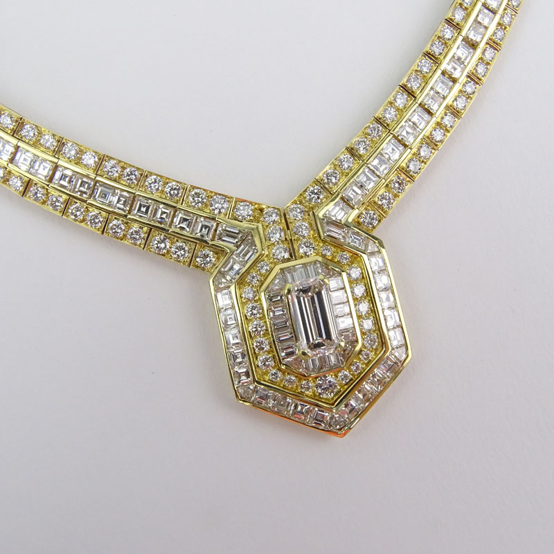 Stunning 31.22 Carat TW Emerald Cut, Round Brilliant Cut and Princess Cut Diamond and 18 Karat Yellow Gold Pendant Necklace. 