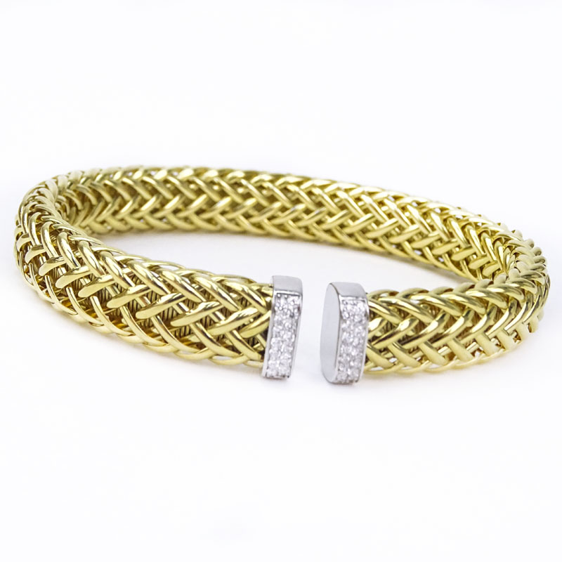 Roberto Coin 18 Karat Yellow Gold Primavera Woven Flexible Cuff Bracelet with Pave Set Diamond Accents.