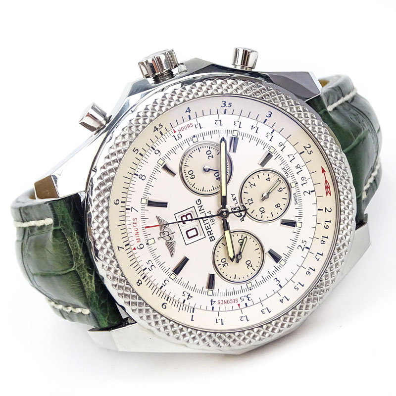 Man's Breitling Bentley Stainless Steel Chronograph with Green Crocodile Strap.