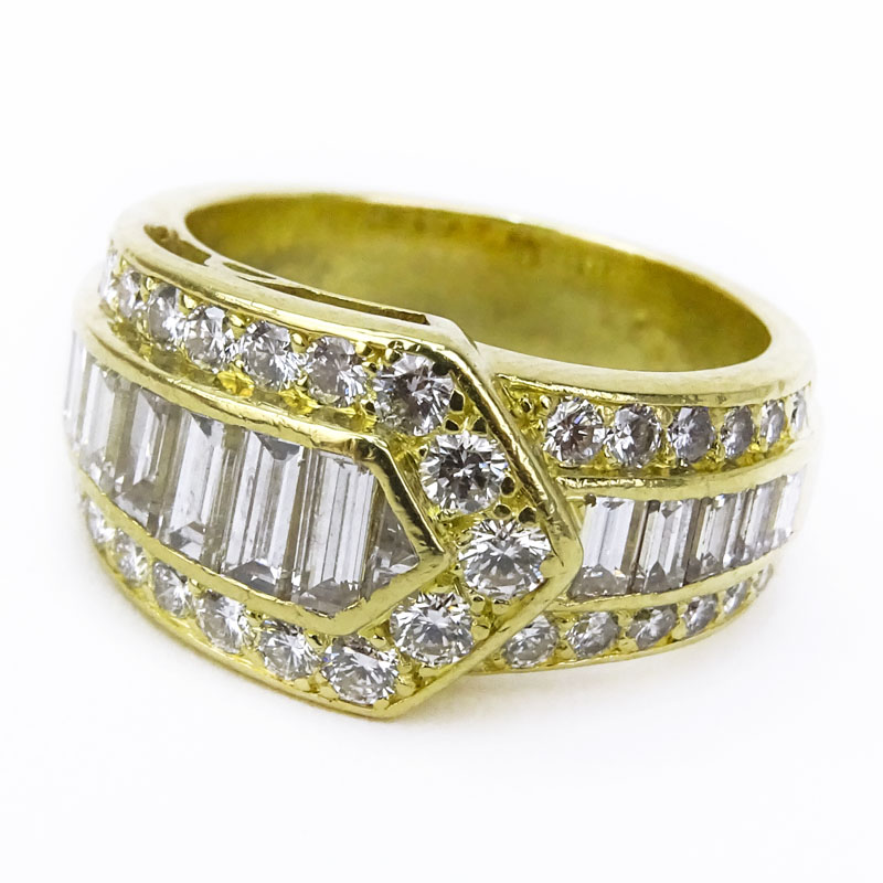 Vintage Approx. 1.95 Carat Baguette and Round Brilliant Cut Diamond and 18 Karat Yellow Gold Band.