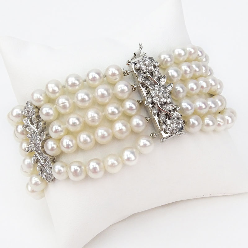 Approx. 1.35 Carat Diamond. Pearl and 18 Karat White Gold Five Strand Bracelet.