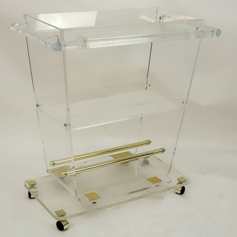 Large Mid Century Lucite And Brass Rolling Bar Cart. Three tiers.