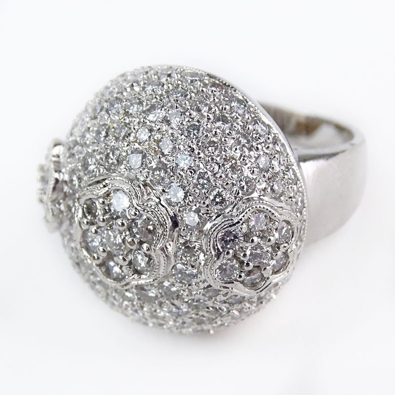 Approx. 3.08 Carat Pave Set Round Brilliant Cut Diamond and 18 Karat White Gold Dome Ring.