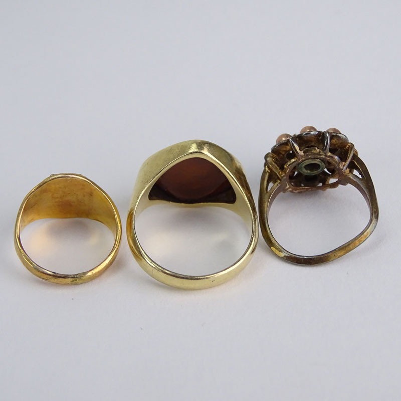 Three (3) Vintage 10 Karat Yellow Gold Rings Including Carved Carnelian, Amethyst and Enamel. 
