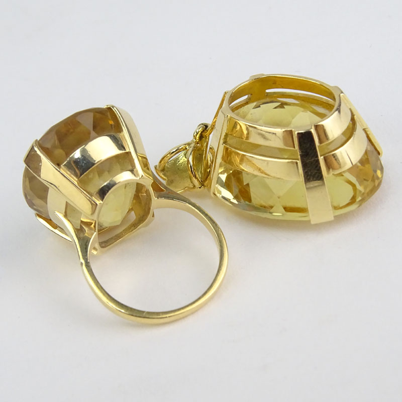 Large Oval Cut Yellow Citrine and 18 Karat Yellow Gold Ring and Pendant Suite.