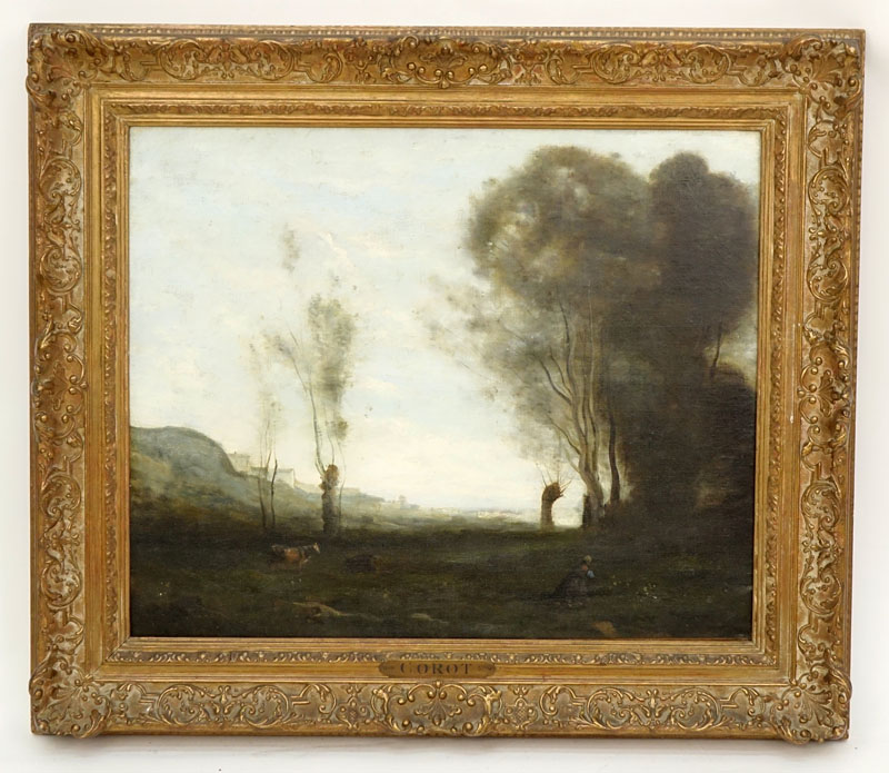 Attributed to: Jean-Baptiste-Camille Corot, French  (1796 - 1875) Oil on canvas “Barbizon Landscape”. 