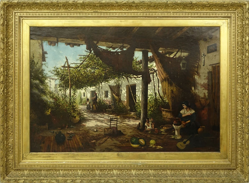 19/20th Century Spanish School Oil Painting On Canvas "Pérgola". Elaborate gilt frame. 