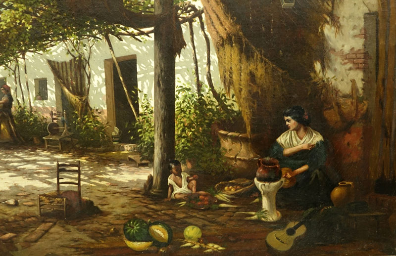 19/20th Century Spanish School Oil Painting On Canvas "Pérgola". Elaborate gilt frame. 