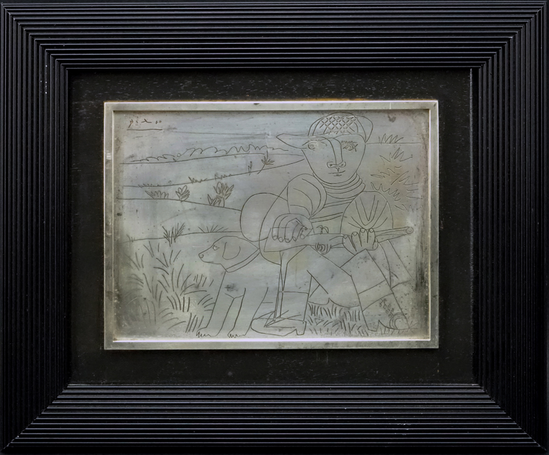 Franklin Mint Limited Edition Pablo Picasso Etched Sterling Silver Plaque "The Hunter", 1976. Original COA and documentation from The Franklin Mint accompanies the lot.