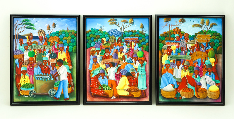 Three (3) Decorative Haitian Acrylic On Canvas Paintings "Market Scenes" Signed J. Paul. 