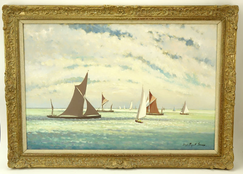 Hugh Boycott Brown, British  (1909-1990) "Start of the Barge Race" Oil on Canvas Signed Lower Right. 