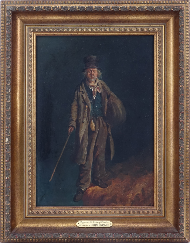 Attributed to: John Carlin, American (1813 - 1891) Oil on canvas "Beggar on the brink of  disaster". 