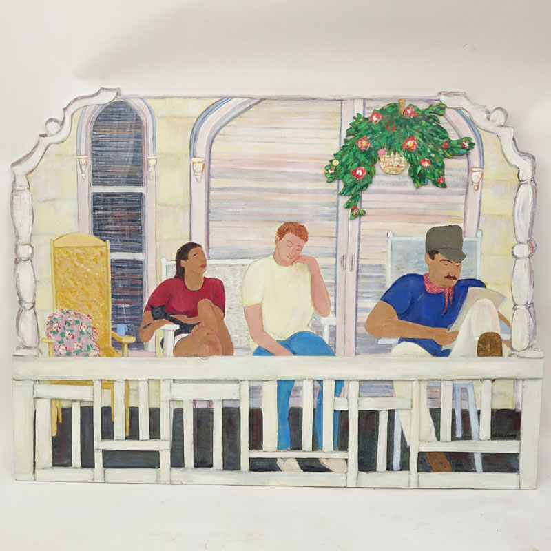 Contemporary Hand Painted Wood Painting. Depicts a porch scene. Signed lower right R. Shaumberg?
