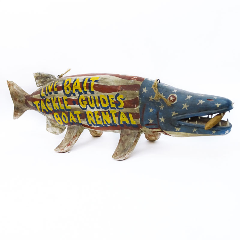 Large Wood Carved Fish Advertising Trade Sign. Inscribed "Chequamegon Bay, Ojibwa Indian Lac Du Flambeau", "Live bait tackle guides boat rental". Signed P. Vargo? 