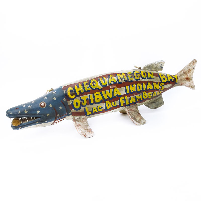 Large Wood Carved Fish Advertising Trade Sign. Inscribed "Chequamegon Bay, Ojibwa Indian Lac Du Flambeau", "Live bait tackle guides boat rental". Signed P. Vargo? 
