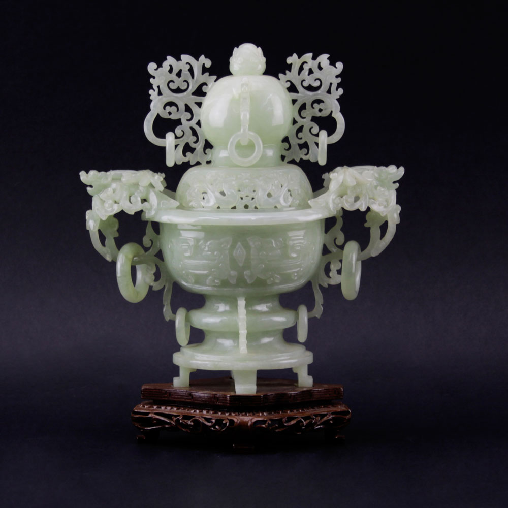Chinese Carved Jade Reticulated Covered Urn on Wooden Stand.