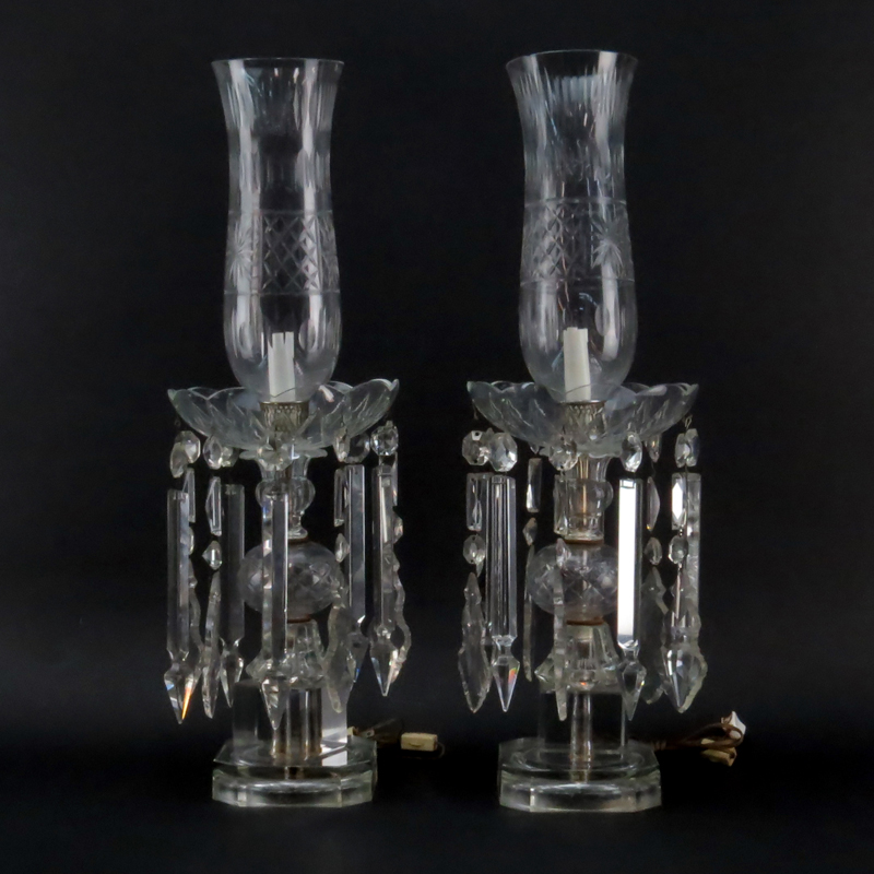 Pair of Mid Century Italian Cut Crystal Hurricane Lamps with Hanging Prisms.
