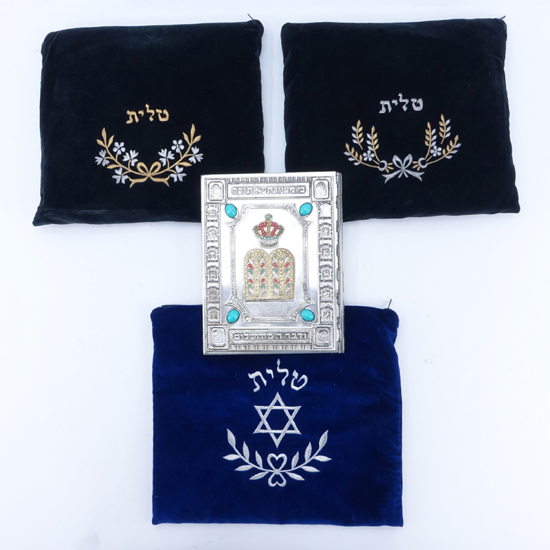 Collection Of Judaica Items. Includes Three (3) Tallit Bags 2 with shawls and yarmulkes, one is empty. 