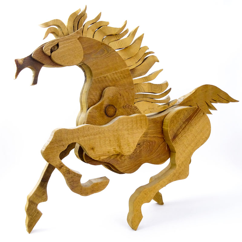 Large Contemporary Wood Carved Galloping Horse Sculpture.