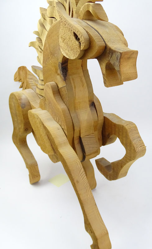 Large Contemporary Wood Carved Galloping Horse Sculpture.