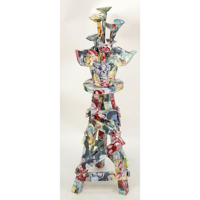 Contemporary Modern Heavy Painted Pottery Model of a Flower Bouquet atop a Matching Stand.